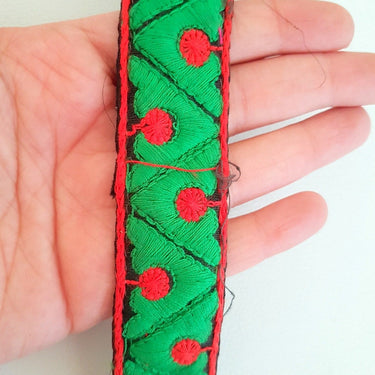 Black Fabric Trim With Green And Red Thread Embroidery, Cotton Trim,Approx. 30mm wide